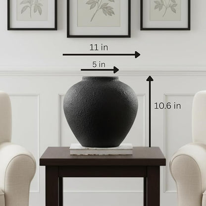 Black Large Round Vase Pottery Look for Home Decor, Arina Black Rustic Vase Modern Farmhouse, Console Table Decor, Earthy Textured Big Black Round Vases for Centerpieces, Jarrones Grandes