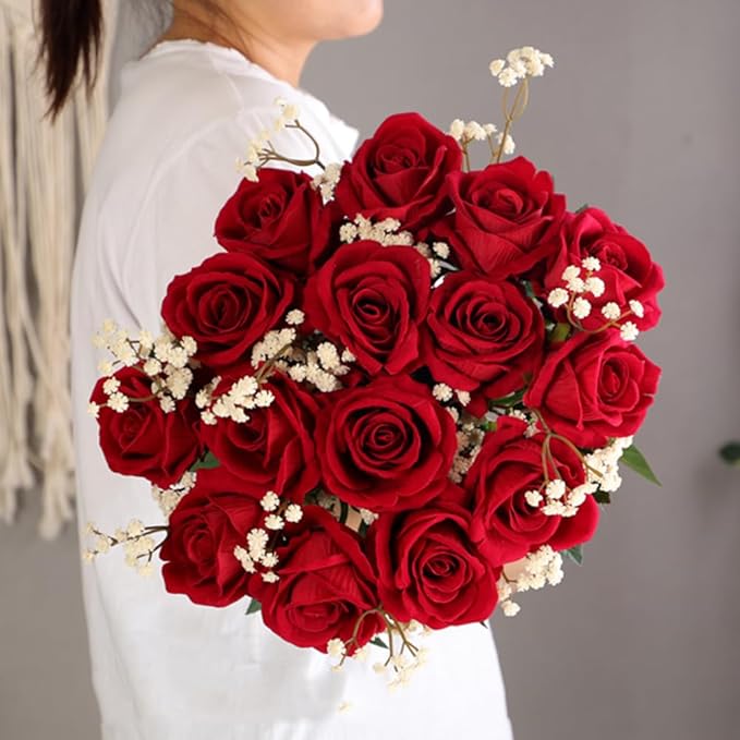 Jasion 50PCS Artificial Roses 4.14'' Realistic Velvet Large Flowers Long Stem Faux Flowers Bouquet for Wedding Home Party Table Centerpieces Decorations (Red)