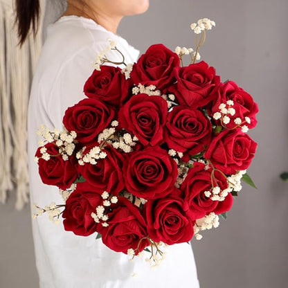 Jasion 50PCS Artificial Roses 4.14'' Realistic Velvet Large Flowers Long Stem Faux Flowers Bouquet for Wedding Home Party Table Centerpieces Decorations (Red)