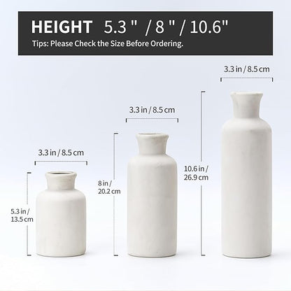 LUKA Ceramic Vase Set of 3,Decorative Terracotta Vases for Home Decor,Rustic Pottery Vase for Your Bedroom,Office,Living Room,Fireplace,Bookshelf （10+7.5+5 Inch） (Antique-White)
