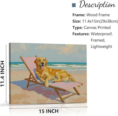 Pink Beach Chair Dog Decor Beach House Wall Decor Canvas Wall Art Framed Art Prints Artwork Posters for Home Living Room Bathroom Dog Mom Room Wall Decorations Paintings Pictures 14.5X11.5 Inch