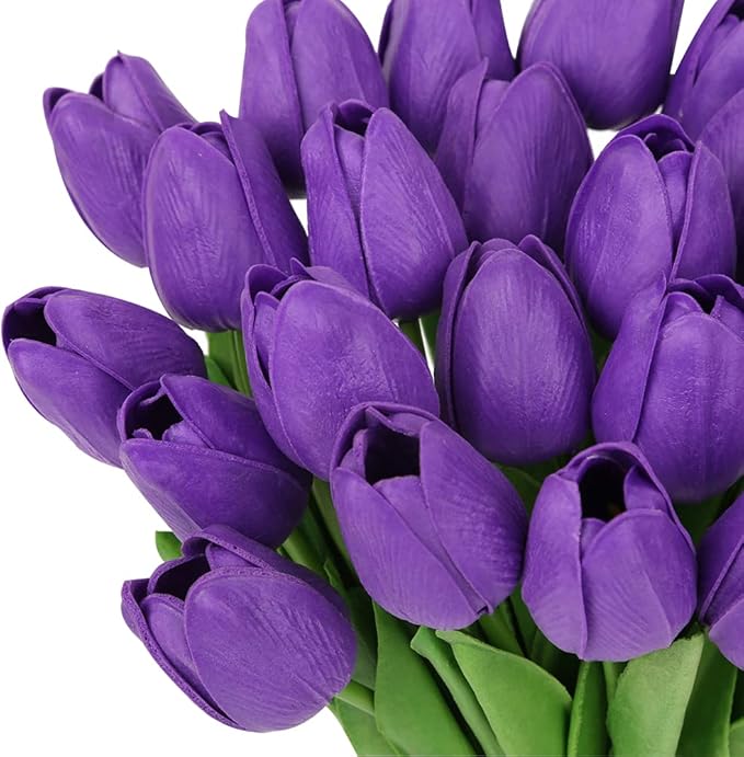 IPOPU Real Touch Purple Tulips 24PCS Artificial Flowers for Decoraion Fake Tulips Purple Flowers Floral Arrangements Faux Tulip Decor for Table Home Decor Baby Shower Centerpieces