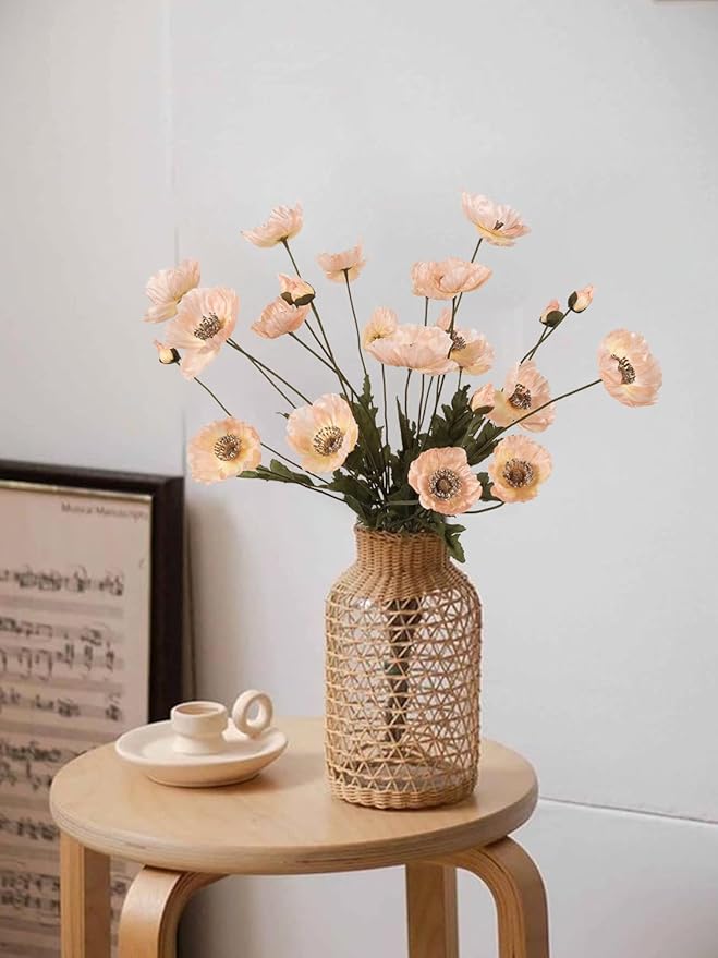 IPOPU Artificial Poppy Silk Flowers 6pcs Poppy Flowers Artificial Realistic Faux Flowers for Vase for Home Decor Indoor for Wedding Centerpieces Bridal Shower Party Decorations (Champagne)