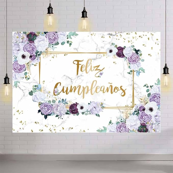 MEHOFOND 8x6ft Feliz cumpleaños Backdrop Purple and White Flower Birthday Photography Background Girls Geometric Gold Glitter Dots Birthday Floral Party Decorations Cake Smash Decor Studio Photo Props