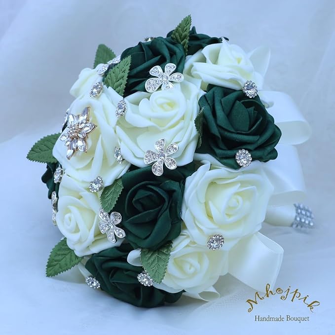 Lightweight Bridal Wedding Bouquet Round Holding Bouquet Throw Toss Artificial Rose Flower Bunch for Bride Bridesmaid Wedding Quinceanera (Cream & Dark Green, 6.7")
