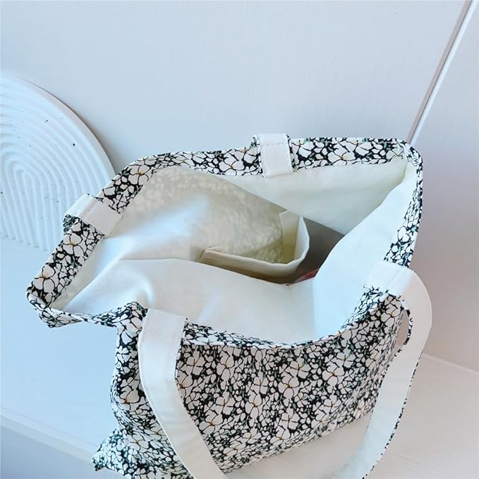 Cotton Canvas Tote Bag Reusable Soft Grocery Cloth Bag Floral Shoulder Bag for Beach Travel Shopping