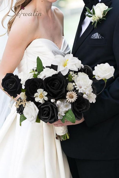 Serwalin Black Artificial Flowers and White Deluxe Combo Box Set, Daisy Fake Flower for DIY Wedding Bridal Bouquet, Centerpieces Decor, Floral Arrangement Decor, etc.