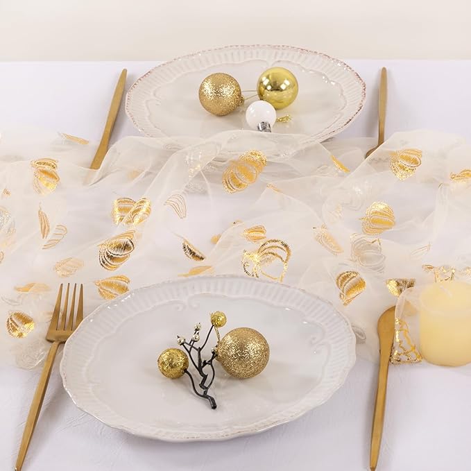 Socomi Gold Table Runner Fall Pumpkin Gauze Sheer Chiffon Cheesecloth Sequin 10FT Glitter Metallic Foil Dining Wedding Birthday Party Baby Shower Holiday Centerpiece Table Decor Beige