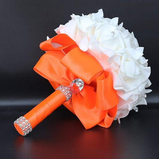 Wedding Bouquet, Orange Bouquet for Bride Bridesmaid with Diamond Soft Ribbons, Artificial Rose Bridal Holding Flowers for Party Church