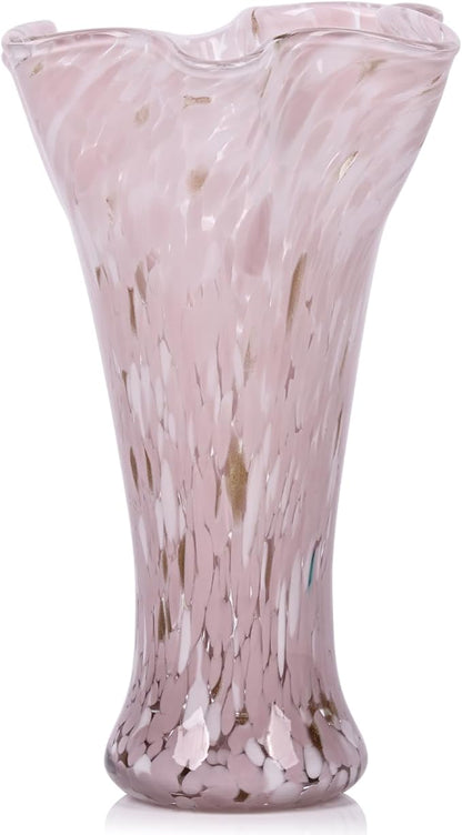 9.0" H Pink Glass Vases for Flowers, Unique Hand Blown Glass Vase Pink Home Decor, Wide Mouth Colorful Flower Vase Centerpieces, for Living Room Table Bookshelf, Bathroom Office Shelf Decorative