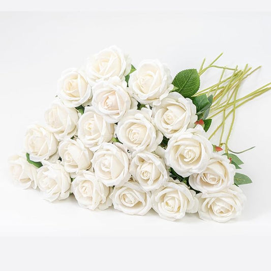 20 Pcs Artificial White Roses, Real Touch Silk Flowers for Wedding, Home Décor, Centerpieces, Bouquets & Valentine’s Day Arrangements (20, White)