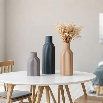 Modern Ceramic Vases Set of 3, Black Ribbed Decorative Vases, Shelf Table Centerpiece for Home Decor (Black Mix)