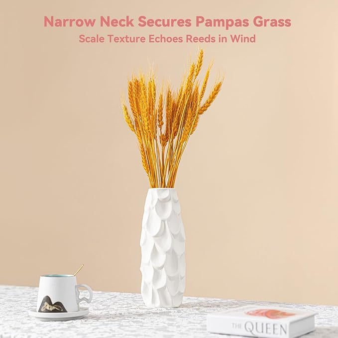 Scalloped Scale Vase - White Matte Ceramic with Textured Sculptural Design, 10.5" Unique Flower Vase for Pampas Grass/Centerpieces,Decorative Boho Vase for Living Room/Office,Ideal Gift for Art Lovers
