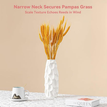 Scalloped Scale Vase - White Matte Ceramic with Textured Sculptural Design, 10.5" Unique Flower Vase for Pampas Grass/Centerpieces,Decorative Boho Vase for Living Room/Office,Ideal Gift for Art Lovers