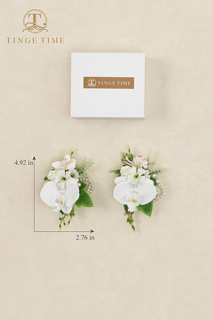 TINGE TIME Set of 2 Wrist Corsage Bracelets Pearl Wristlet Band Bridesmaid Bracelet for Wedding Ceremony Bridal Shower Wedding Artificial Flower Prom (IvoryWhite)