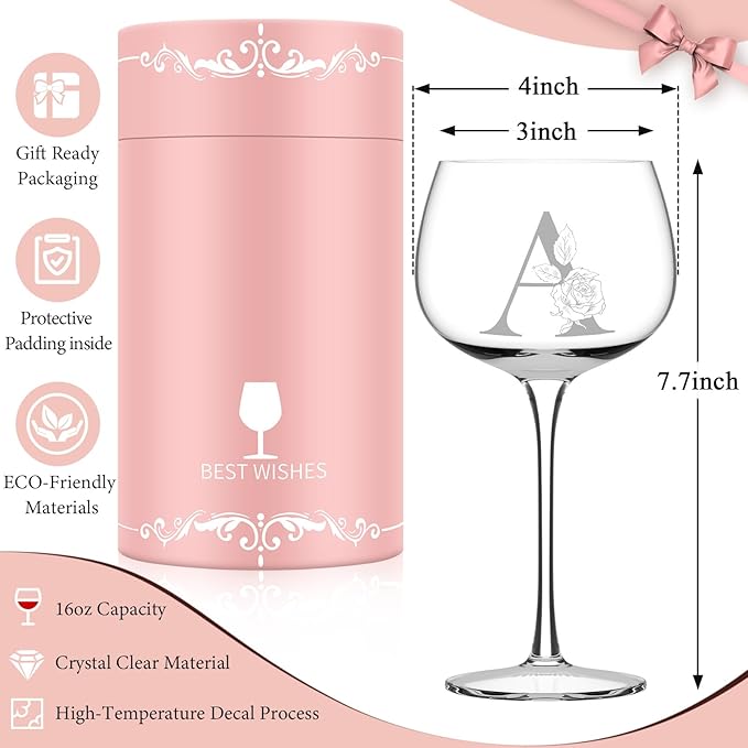 Personalized Gifts for Women, Monogrammed A-Z Wine Glass Customized Gift, Unique Christmas Birthday Gifts for Women Her Mom Friend Sister Wife Daughter Nurse (A)