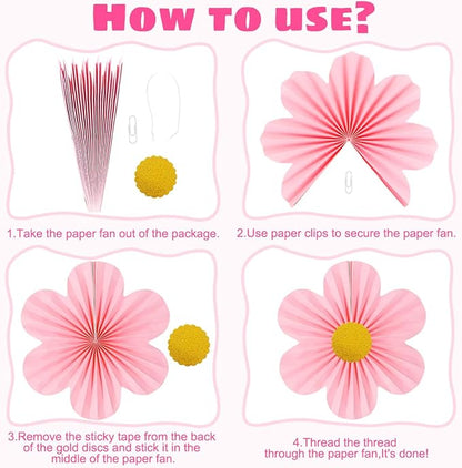 Pink Party Decorations Paper Flowers Decorations for Wall Classroom Paper Fans Floral Backdrop Flower Wall Decor Pack of 9 Pink