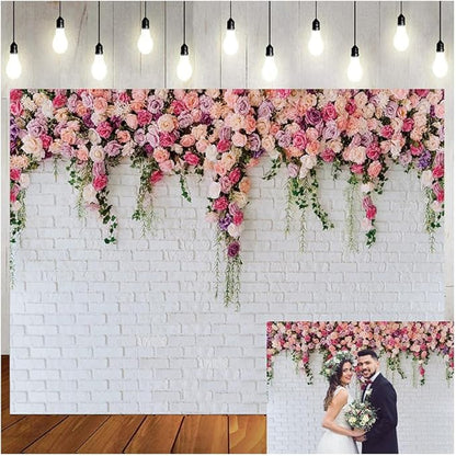 LTLYH 10x10ft White Brick Wall Flowers Background Spring Theme Photography Backdrop for Mother's Day Valentine Wedding Bridal Baby Shower Birthday Party Decor Banner Portrait Photo Booth Prop 134