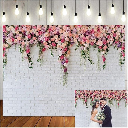 LTLYH 8x6ft Vinyl White Brick Wall Flowers Backdrop Mother's Day Wedding Bridal Baby Shower Birthday Party Decor Banner Background Photo Prop 134