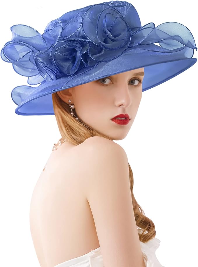 Organza Derby Hats for Women Wide Brim Fascinator Hat Rose Flower Wedding Tea Party Hat
