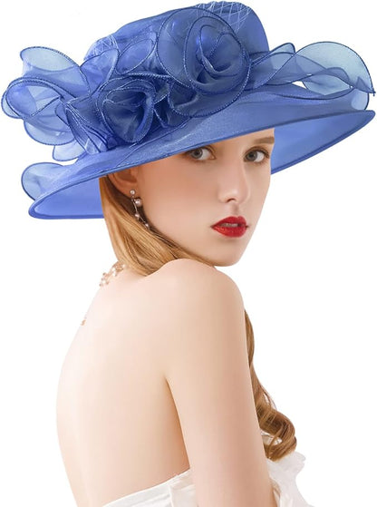 Organza Derby Hats for Women Wide Brim Fascinator Hat Rose Flower Wedding Tea Party Hat