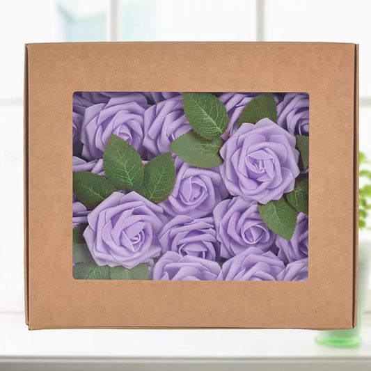homEdge Artificial Rose, 25pcs Foam Artificial Flowers with Stem for Home Decorations, Wedding Bouquets, Party, Certerpieces, Anniversaries-Lilac