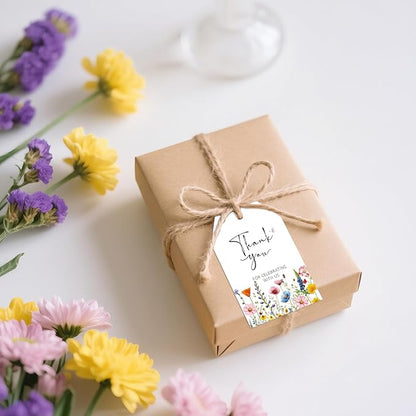 G2PLUS 50Pcs Wildflower Thank You Tags - Floral Gift Tags with String, Thank You for Celebrating with Us Tag, White Paper Party Favors Hangtag for Wedding, Baby Shower, Bridal Shower, Birthday