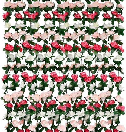 12 PCS 98.4 FT Artificial Flower Garland Rose Garland for Wedding Room Decor(12, Pink and White)