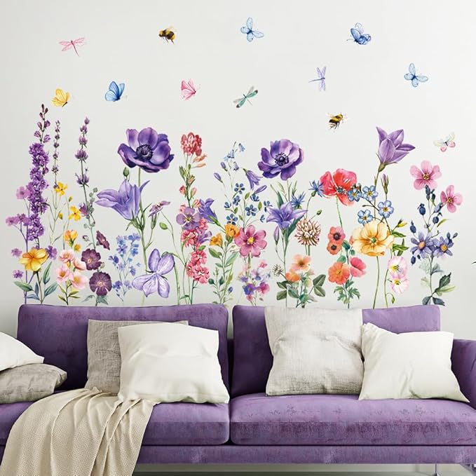 Colorful Wildflower Wall Stickers Spring Flower Butterflies Dragonflies Floral Botanical Wall Decals Peel and Stick Wall Art Stickers for Baby Nursery Girls Bedroom Kids Room Wall Decor