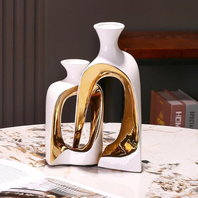 2 Pieces White Gold Ceramic vase Set Home Ceramic Decorative vase furnishings Abstract Decorative vase Office Centerpiece Decoration Suitable for Bookshelves, Fireplace