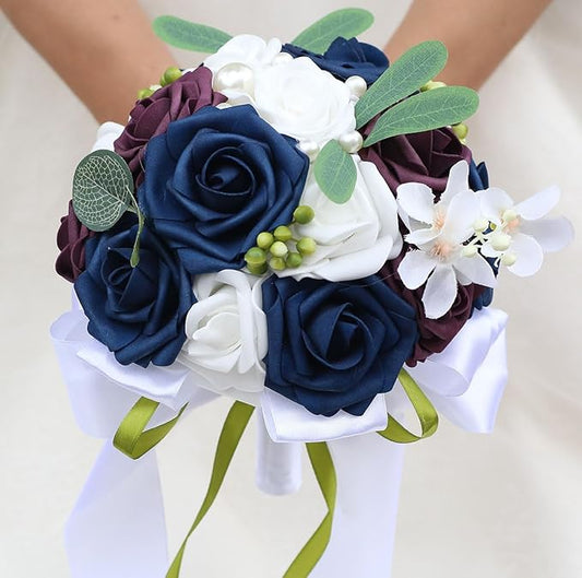 Lightweight Bridal Wedding Bouquet Round Holding Bouquet Throw Toss Artificial Rose Flower Bunch for Bride Bridesmaid Wedding Quinceanera (White, Navy & Dark Puce, 9.1")