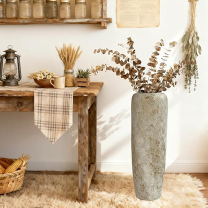 23.6 Inch Rustic Ceramic Tall Floor Vase, Slim Tapered Rustic Farmhouse Vase for Dried Stems & Pampas, Neutral Beige Decorative Vase for Living Room