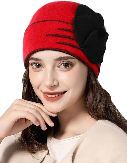 Sumolux Beanie Hats for Women Wool Skull Cap Beret Floral Cuffed French Vintage Dress Cloche Classic Winter 1920s