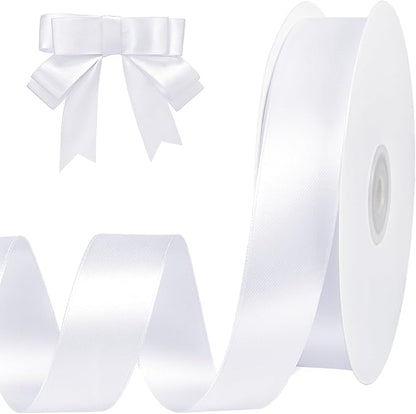 White Ribbon 1 inch 60 Yards Double Faced White Satin Ribbon for Crafts DIY Hair Chair Cheer Bows Gift Wrapping Christmas Bedroom Decor Flower Bouquet Wedding Invitation