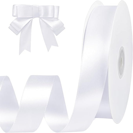 White Ribbon 1 inch 60 Yards Double Faced White Satin Ribbon for Crafts DIY Hair Chair Cheer Bows Gift Wrapping Christmas Bedroom Decor Flower Bouquet Wedding Invitation