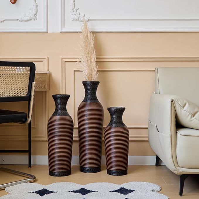 Floor PVC Decorated Vases Set of 3 for Gorgeous Home Decoration Large Classic PVC Vases 19.6in/23.6in/27.5in Height (Black+Brown)