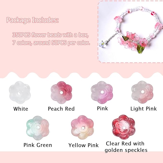 LadayPoa 350pcs Glass Bellflower Beads for Jewelry Making Trumpet Flower Beads Gradient Clear Cute Bead for Bracelets Making Aesthetic Bead Charms for DIY Necklace Decoration-Pink Series
