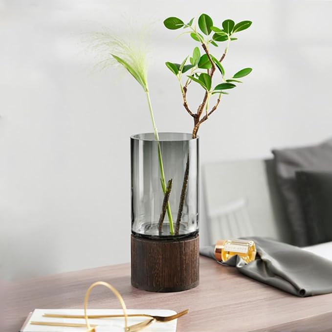 10" Tall Wood Glass Vase, Wooden Base Cylindrical Flower Vase, Classic Boho Rustic Style for Table, Fireplace, Kitchen, Bedroom, Living Room, Centerpieces Office Desk