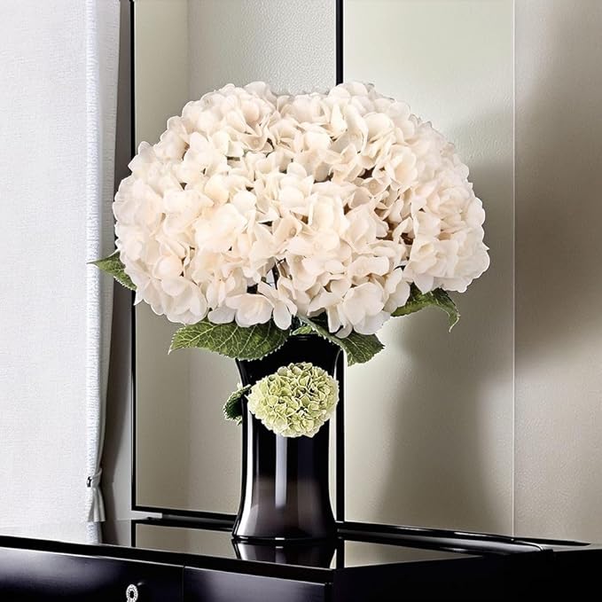 2Bouquets Artificial Fake Flowers Plants Silk Hydrangea Arrangements Wedding Bouquets Decorations Plastic Floral Home Kitchen Garden Party Festival Bar DIY (Ivory White, 5 Flower Heads)