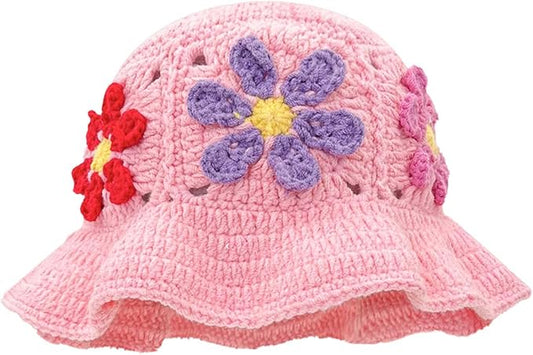 Crochet Bucket Hat for Women Flower Knit Hat Hollow Out Foldable Cap Hats