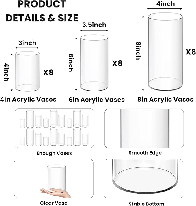 24 Pack Acrylic Cylinder Vases 4,6,8 Inch Tall Clear Acrylic Flower Vase Bulk Floating Candle Holders Cylinder Plastic Vases for Centerpiece Table Wedding Home