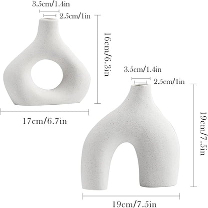 White Ceramic Vase Set of 2 for Modern Home Decor, Round Matte Donut Vases for Pampas Grass, Neutral Boho Nordic Minimalism Style Flower Vases for Living Room Wedding Table Party Office Bedroom