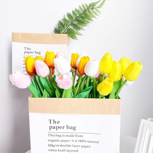 24pcs Multicolor Artificial Tulips Flowers Fake Faux PU Tulip Bouquet Real Touch Flower Arrangement for Home Room Office Party Wedding Decoration Excellent Gift Idea for Mothers Day