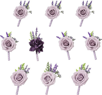 TINGE TIME Boutonniere for Men Wedding - 10pcs Purple Groom & Groomsmen Boutonnieres Set for Wedding Ceremony, Anniversary, Prom, Formal Dinner, Rustic Spring Wedding(Lavender & Plum)
