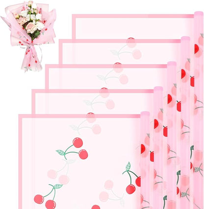 Liobelon 20 Sheets Flower Wrapping Paper Waterproof Bouquet Paper with Cherry Pattern Pink Gift Wrapping Paper for Flower Shop, Wedding, Birthday Party, Handmade DIY, Anniversary 22.8 x 22.8 Inch