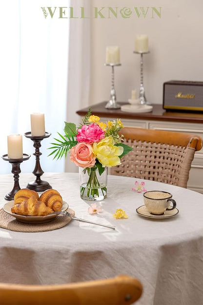 WELL KNOWN Artificial Flowers in Glass Vase, Silk Rose Peony Flower Bouquet for Home Dinning Tea Table, Office Desktop, Hotel, Wedding, Party, Lavatory Decor & Gift (Hot Pink, Coral & Yellow)