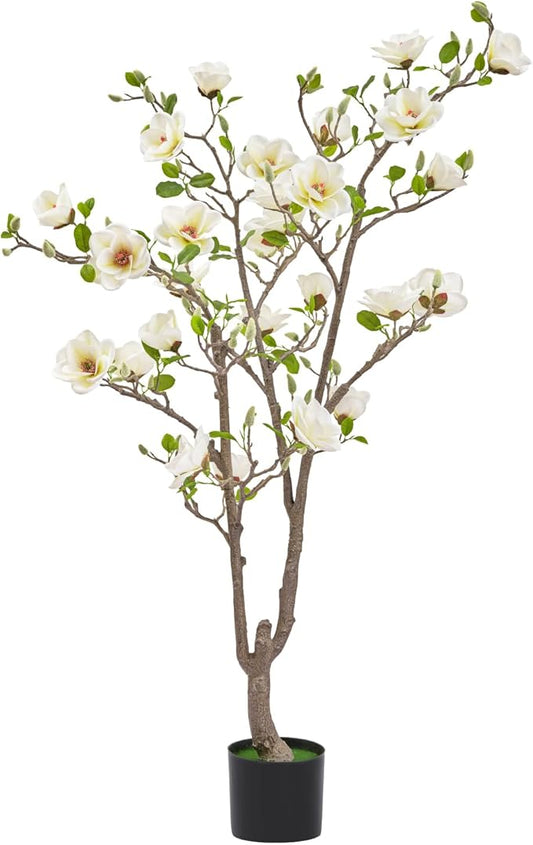 Artificial Magnolia Tree, 4.9 ft Tall Fake Indoor Tree, Faux Magnolia Tree is Realistic Real Touch Leaves and Flowers Perfect for Home Decor, Living Room, Floor and Wedding(White)