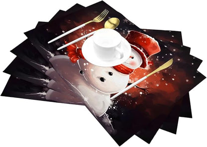 PVC Placemats Set of 6 Wipeable Table Mats Washable Heat Resistant Non Slip Vinyl Dining Table Mat for Kitchen Indoor Outdoor Patio Farmhouse Place Mats Christmas Snowman Red Decorative