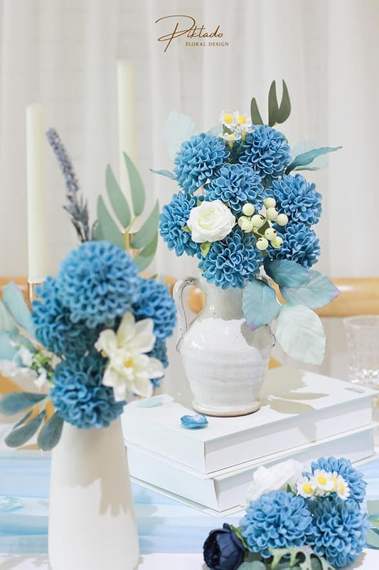 Artificial Wedding Cake Flowers Dahlia Flowers 25 pcs Fake Roses w/Stem for DIY Wedding Decor Centerpieces Arrangements Bouquets (Light Grayish Blue)