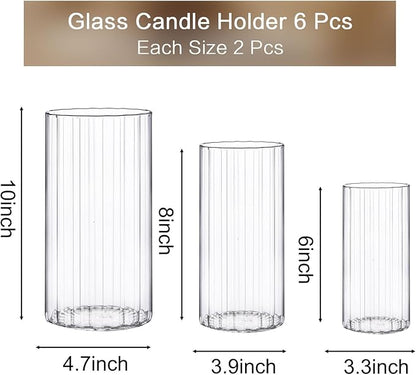 PHOSPHOR 6 PCS Ribbed Glass Candle Holder, Cylinder Candle Holders for Pillar Candles, Clear Glass Hurricane Candle Holders 6'', 8'', 10'' Glass Cylinder Centerpieces Vases